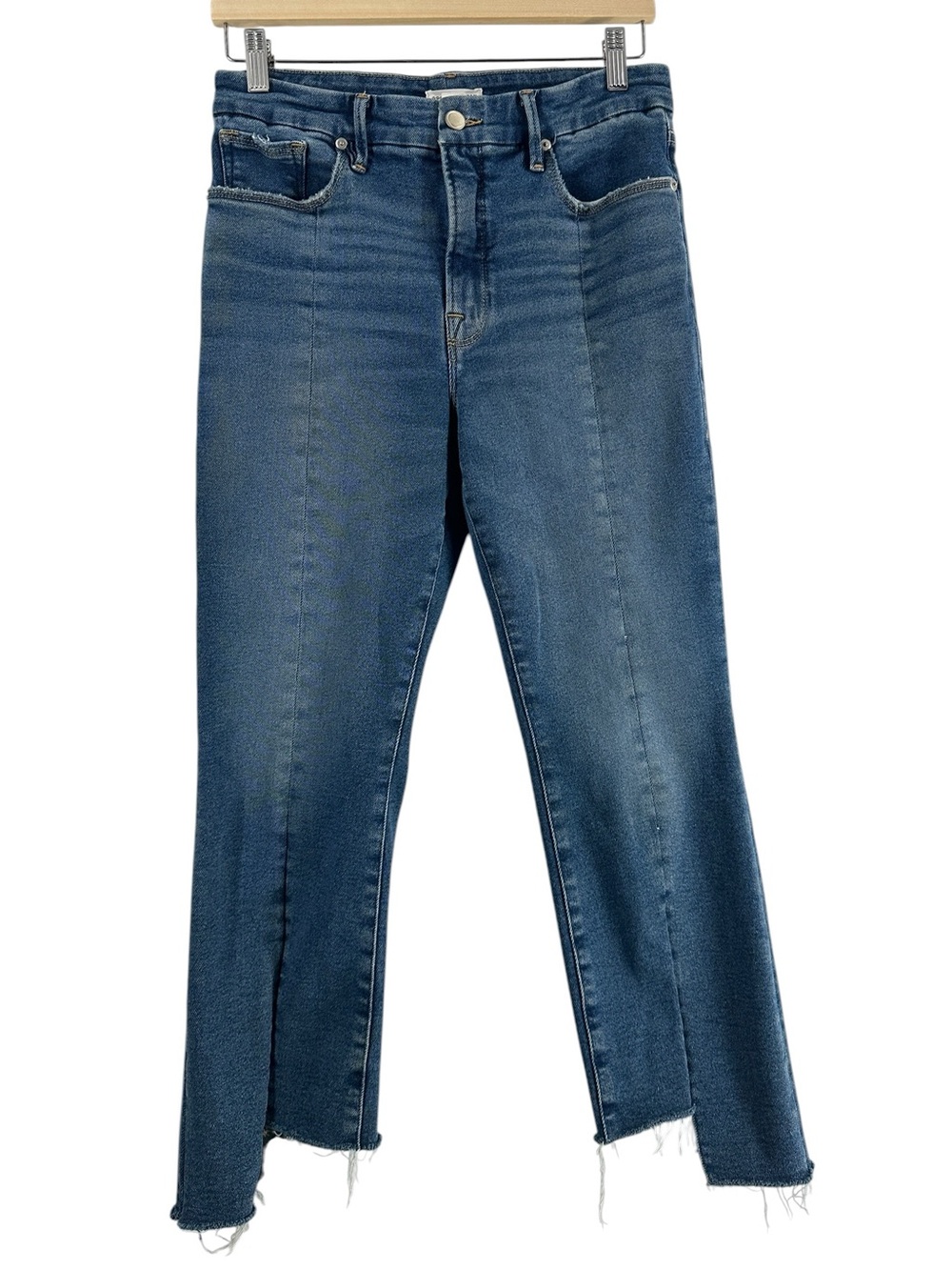 Good American Good Legs Crop High Rise Skinny Jeans Raw Hem Medium Wash sz 30